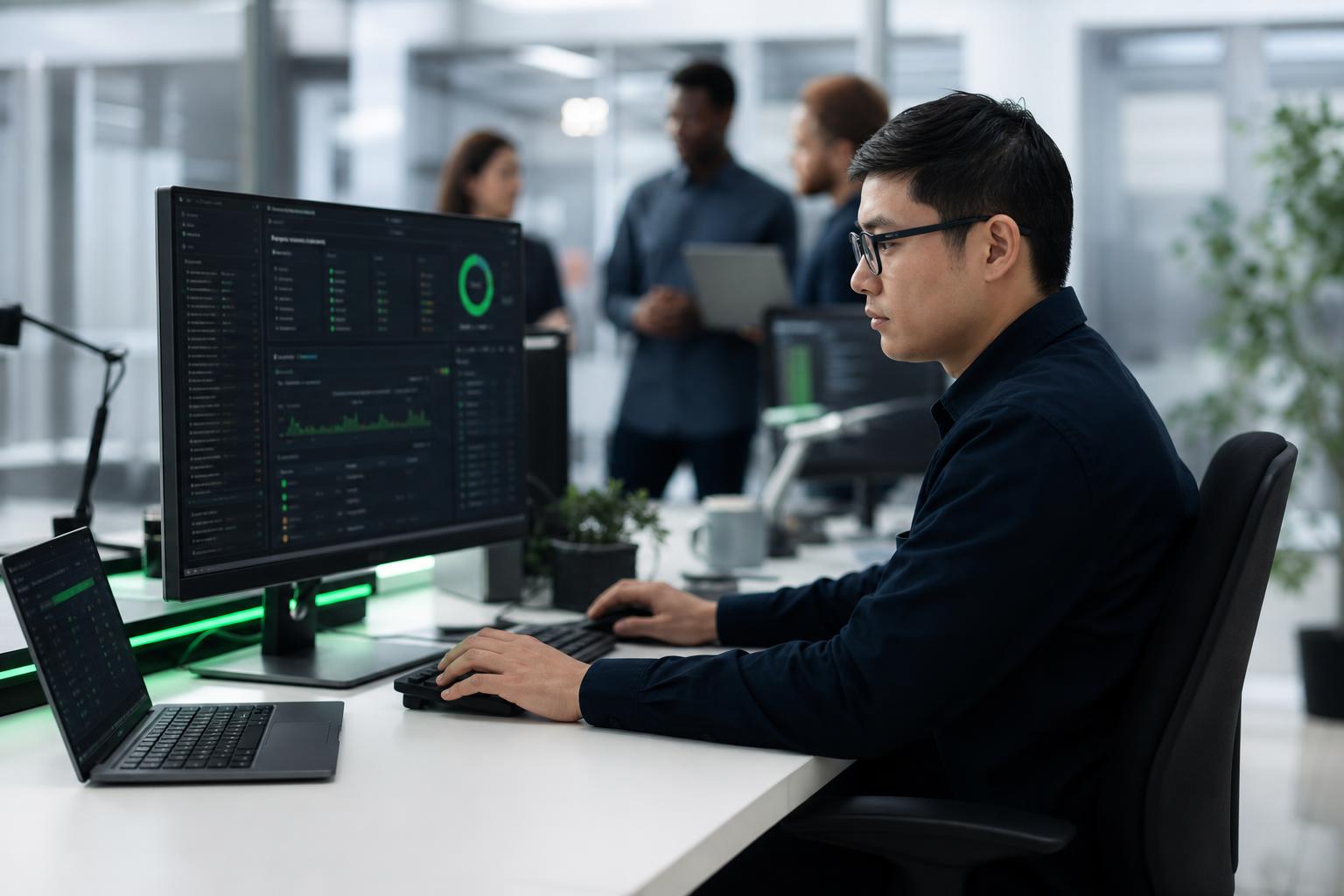 Pinnacle IT engineer working at a computer workstation with colleagues collaborating in the background